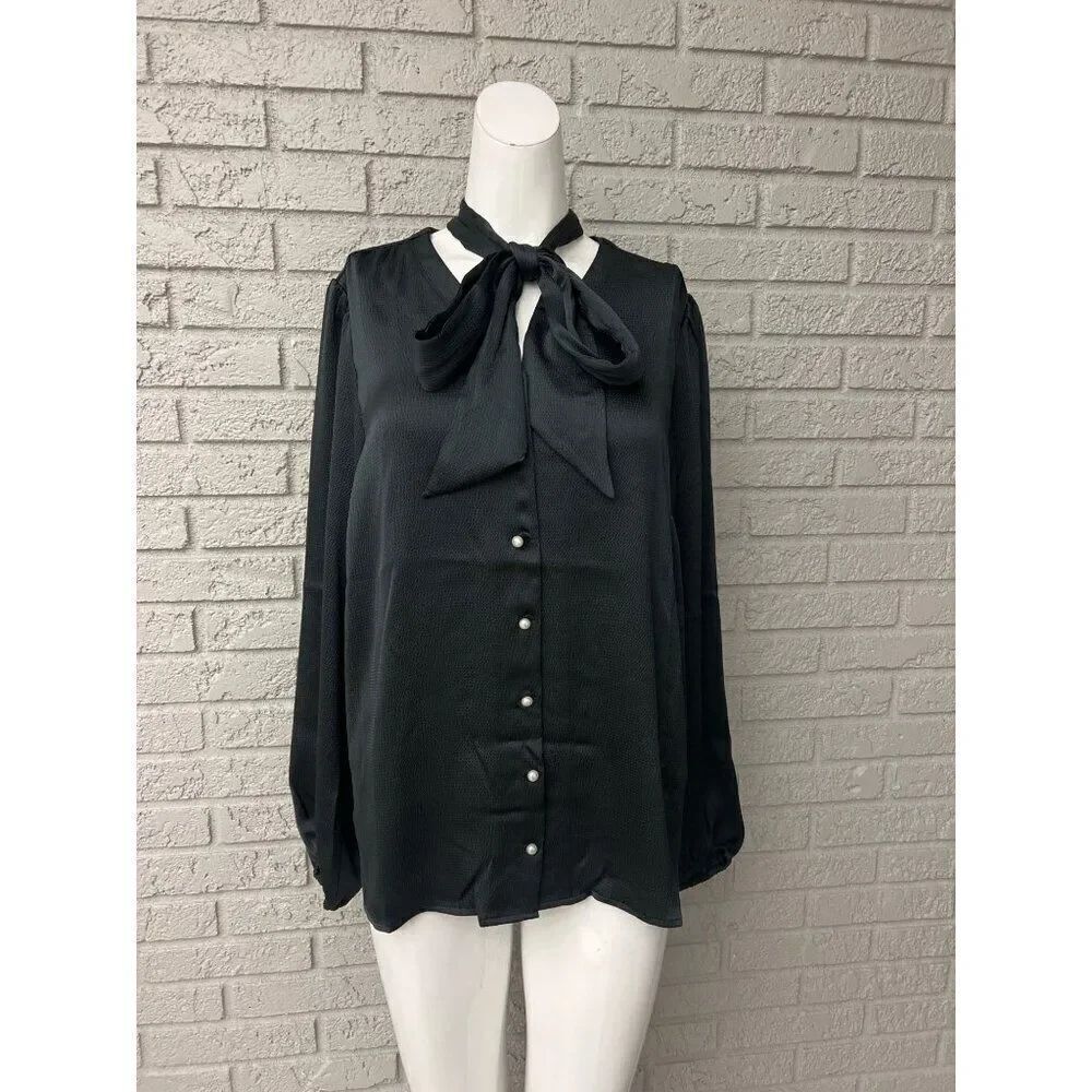Isaac Mizrahi Women Textured Dark Green Satin Long Sleeve Blouse Size 10